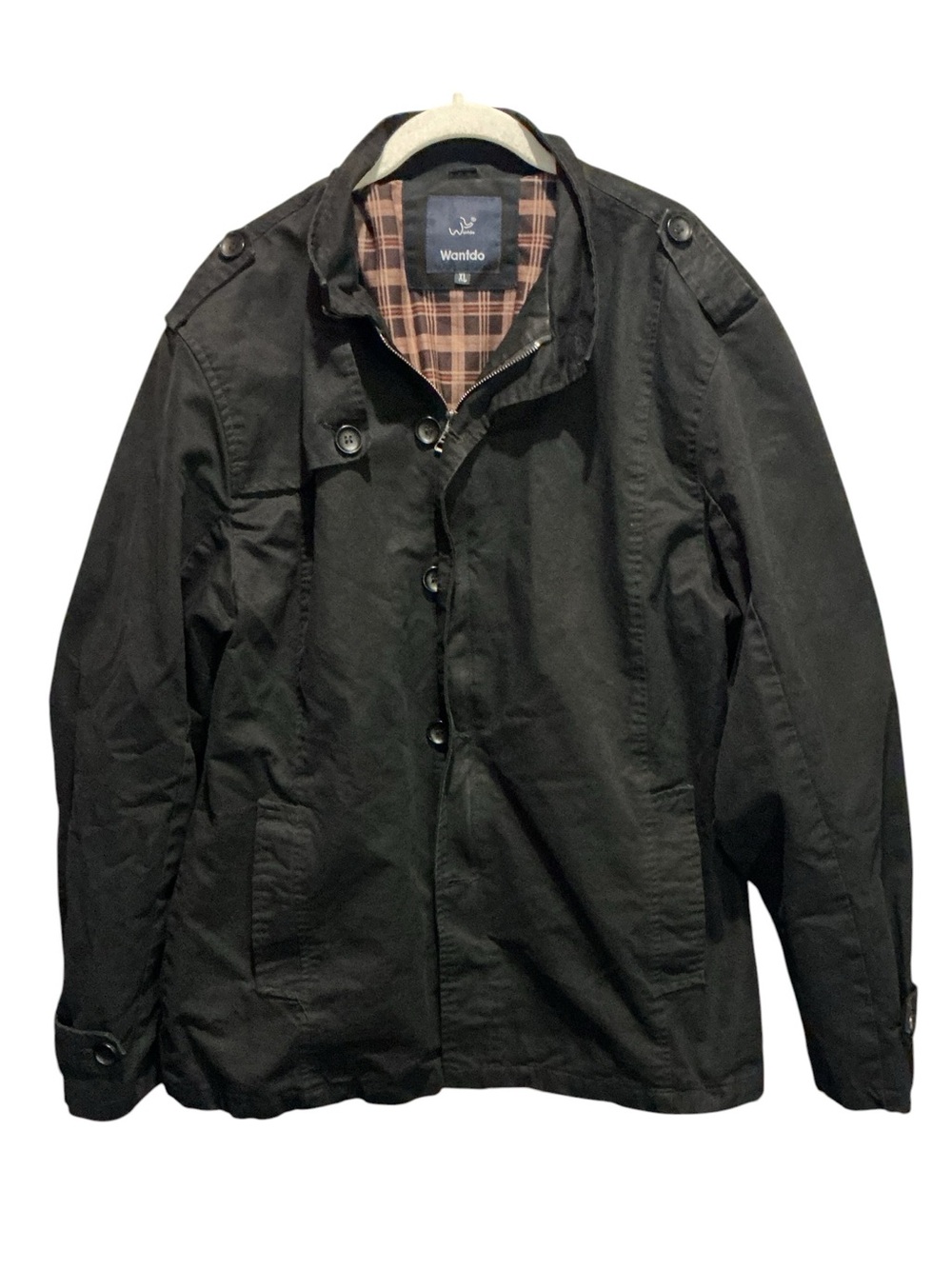 WANTDO Men’s Stand Collar Black Plaid Lined Jacket